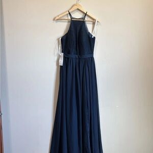 Azazie Dark Navy Chiffon A-Line Halter Maxi Bridesmaid Formal Dress